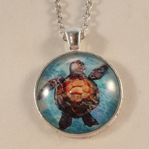 Silver Sea Turtle Cabochon Pendant Chain Necklace Gift - Picture 2 of 3